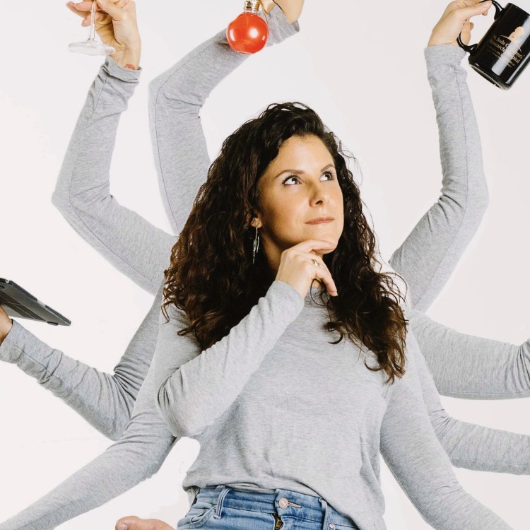 stating "for people who care deeply, think fast, and carry a lot... "  background picture of Tegan Reeves with multiple arms depicting juggling many things similar to Durga a yoga myth